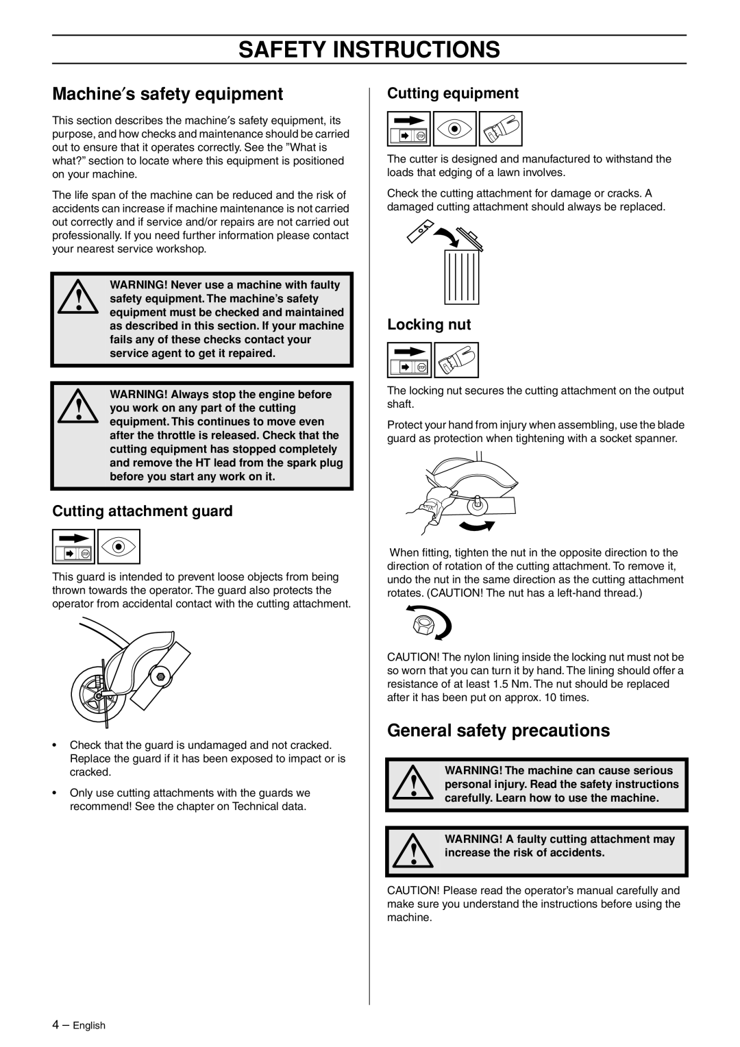 Husqvarna EA 850 manuel dutilisation Safety Instructions, Machine′s safety equipment, General safety precautions 