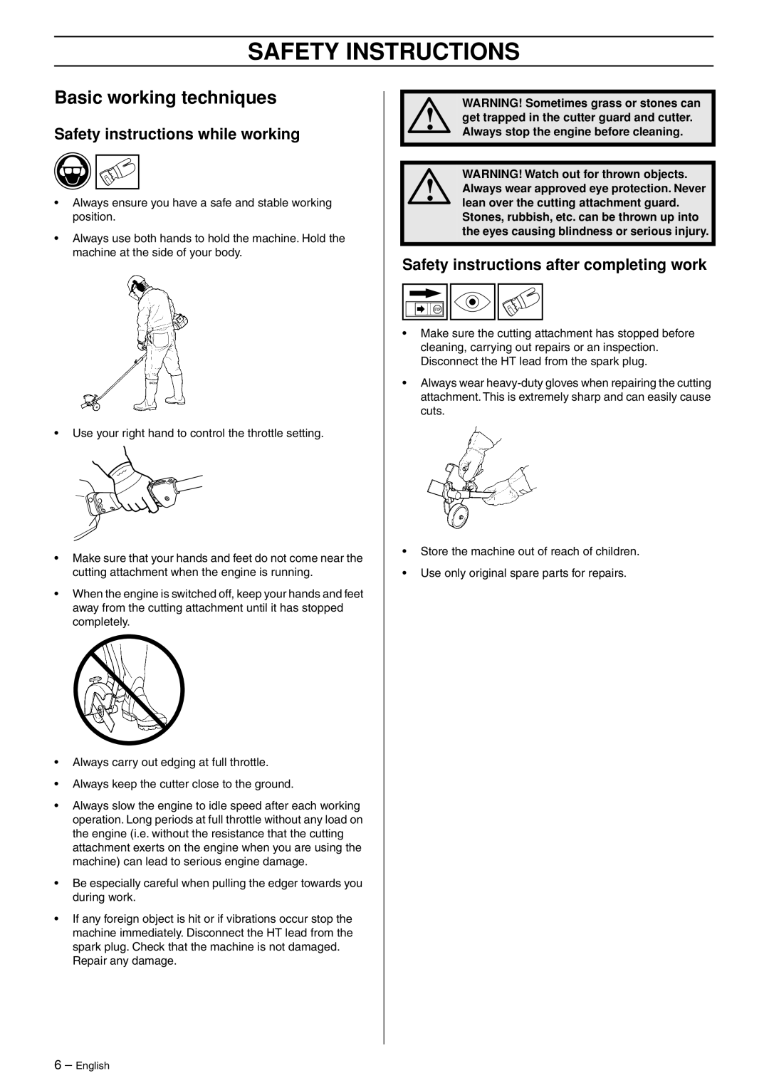 Husqvarna EA 850 Basic working techniques, Safety instructions while working, Safety instructions after completing work 