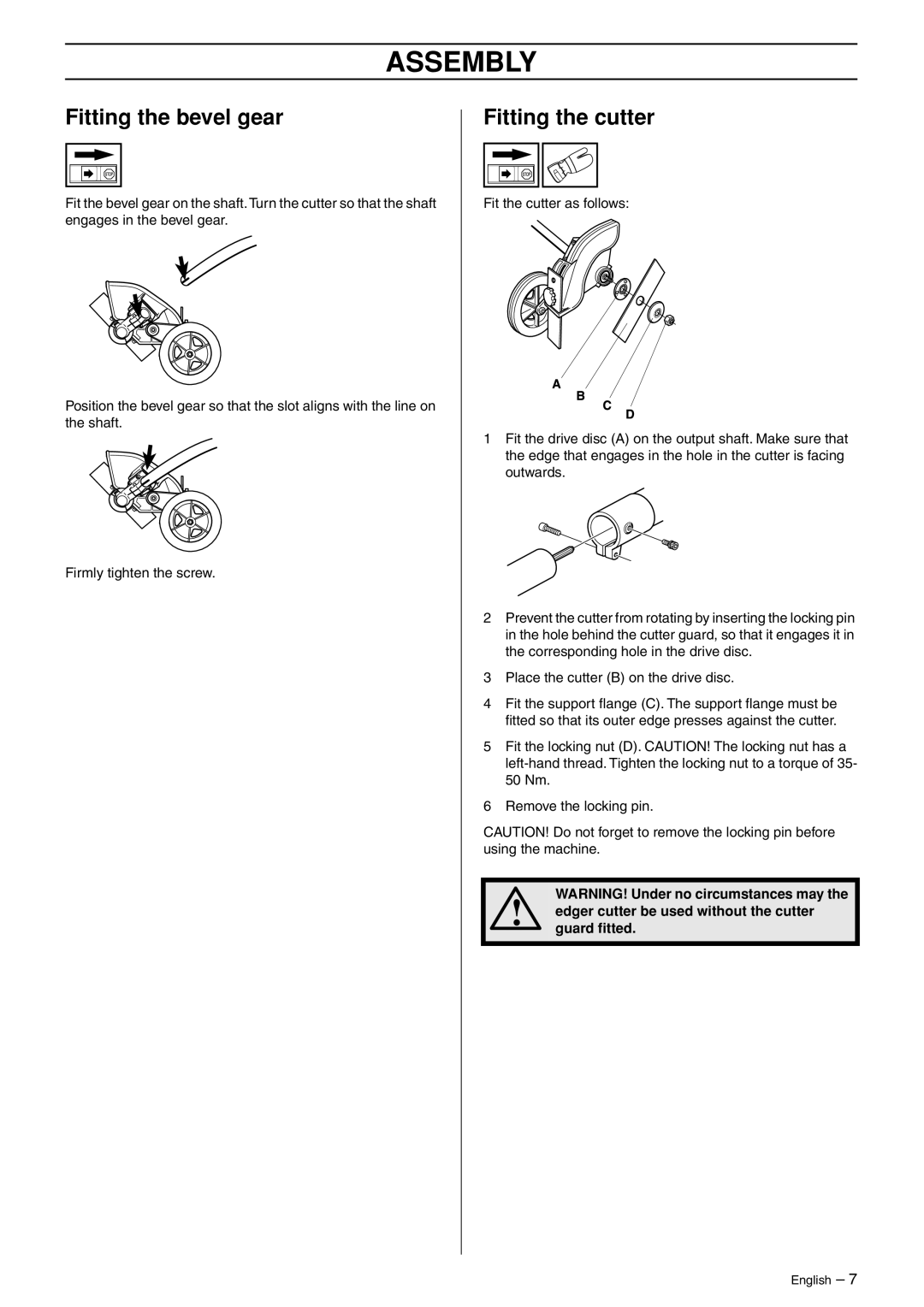 Husqvarna EA 850 manuel dutilisation Assembly, Fitting the bevel gear, Fitting the cutter 