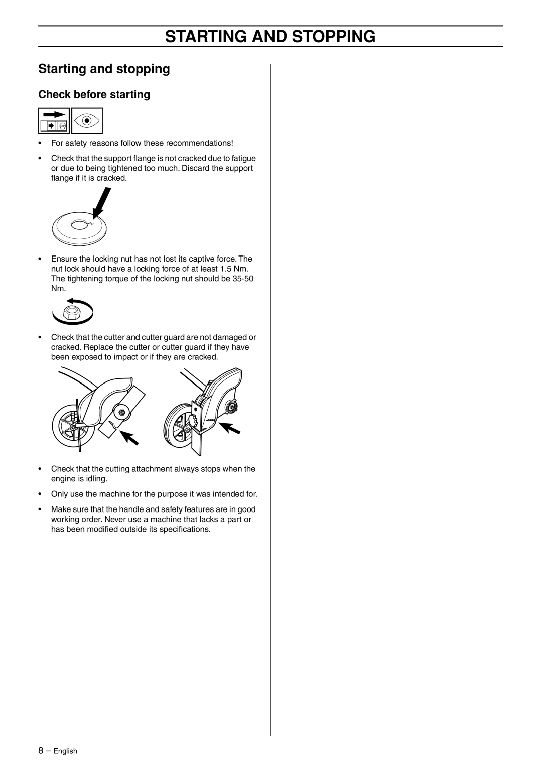 Husqvarna EA 850 manuel dutilisation Starting and Stopping, Starting and stopping, Check before starting 
