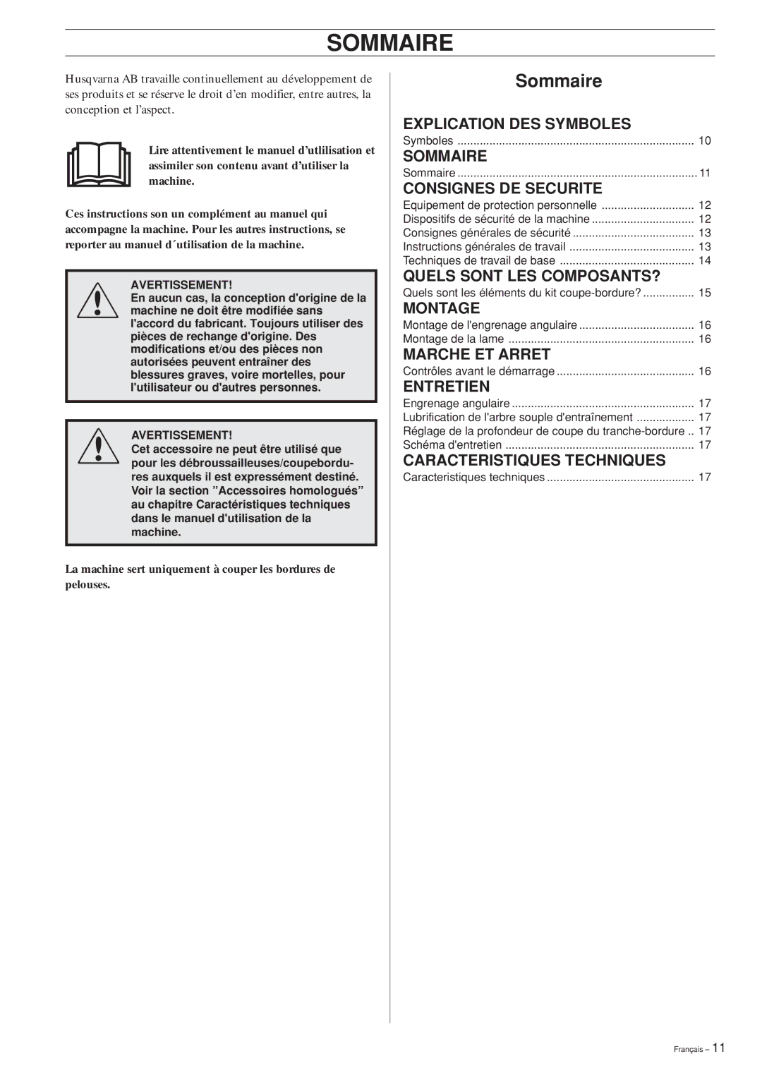 Husqvarna Edger Attachment manuel dutilisation Sommaire 