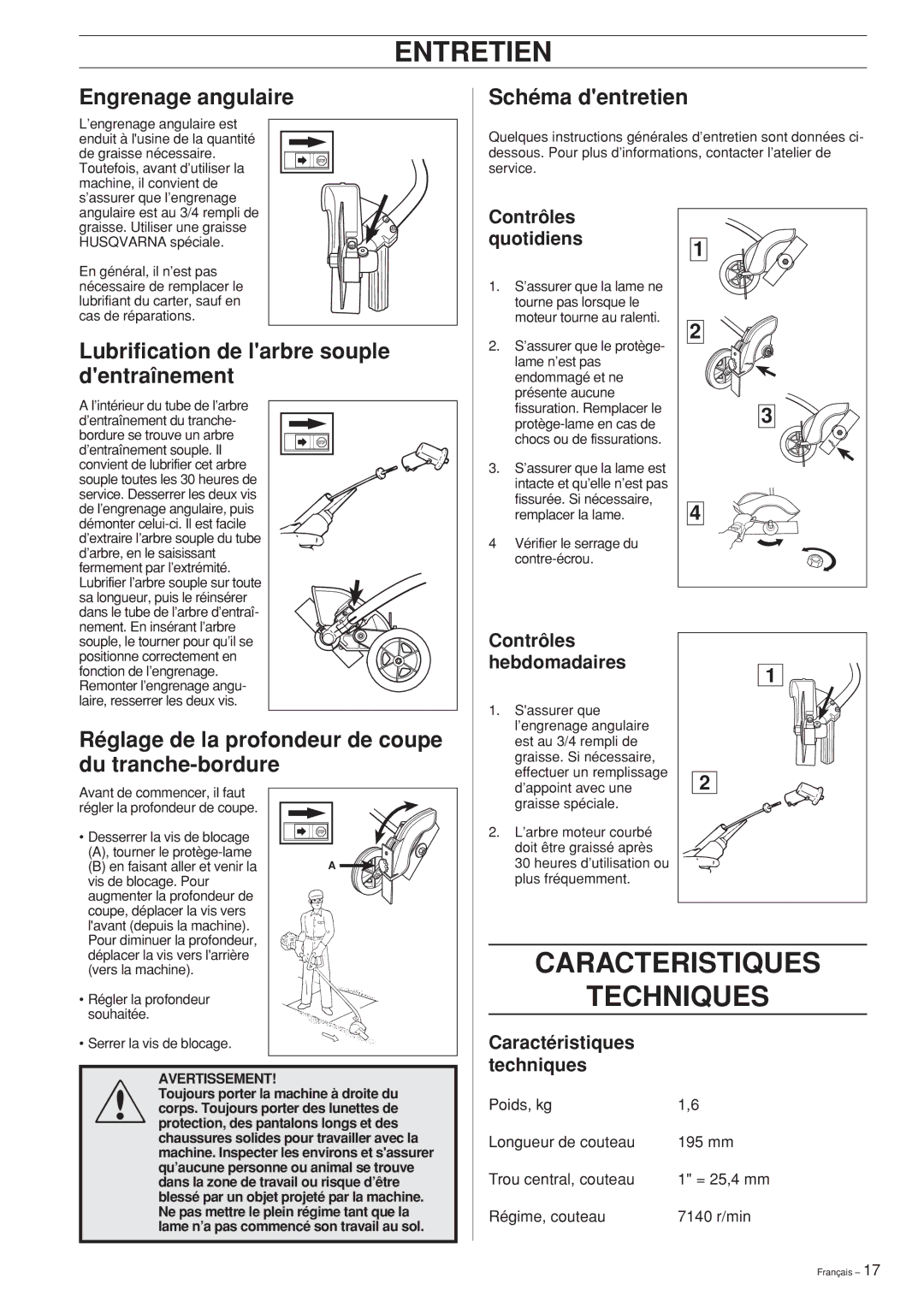 Husqvarna Edger Attachment manuel dutilisation Entretien, Caracteristiques Techniques 