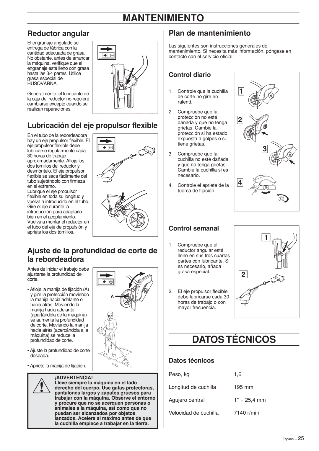 Husqvarna Edger Attachment manuel dutilisation Mantenimiento, Datos Técnicos 