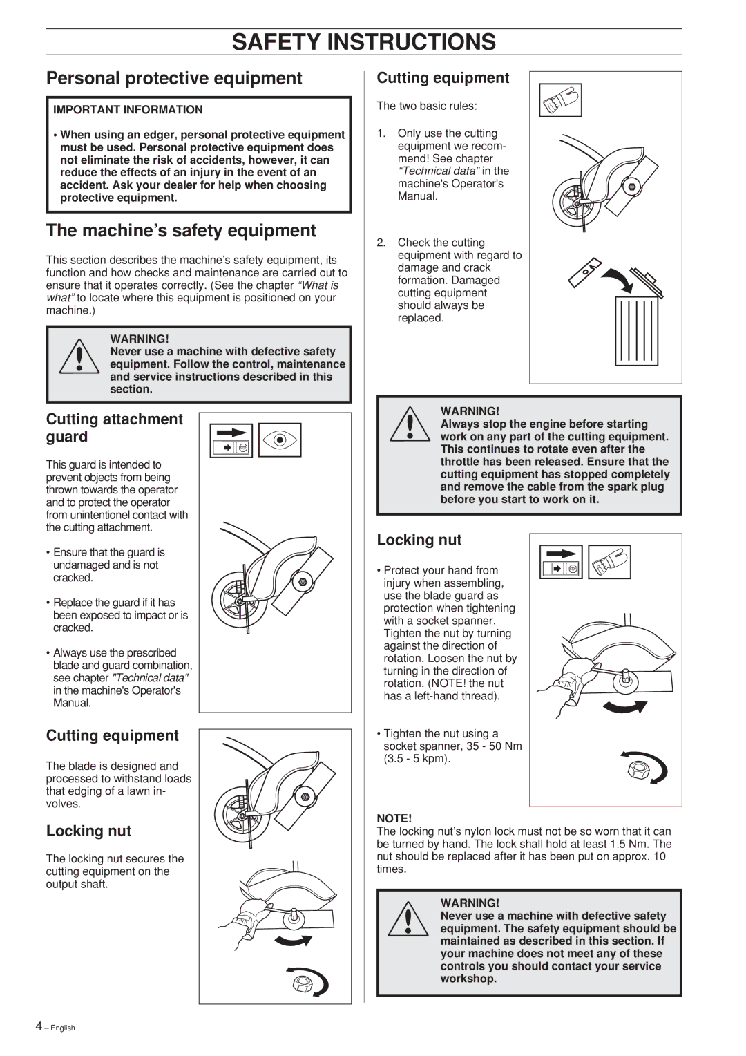 Husqvarna Edger Attachment Safety Instructions, Personal protective equipment, Machine’s safety equipment 