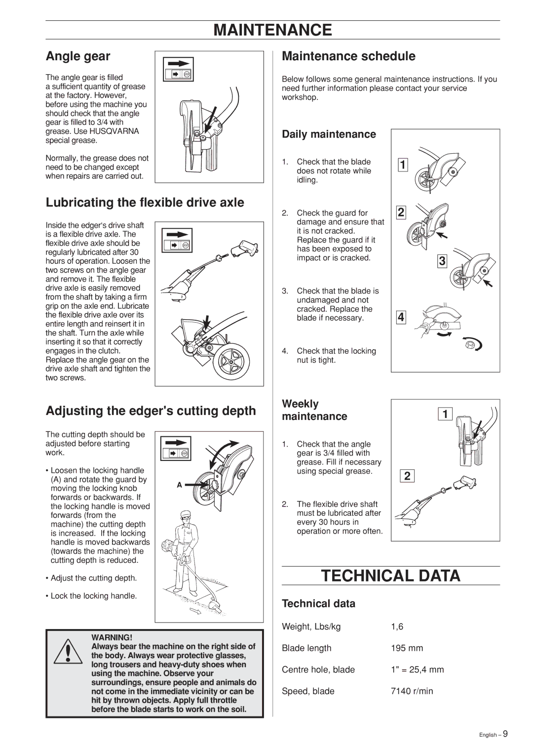 Husqvarna Edger Attachment manuel dutilisation Maintenance, Technical Data 