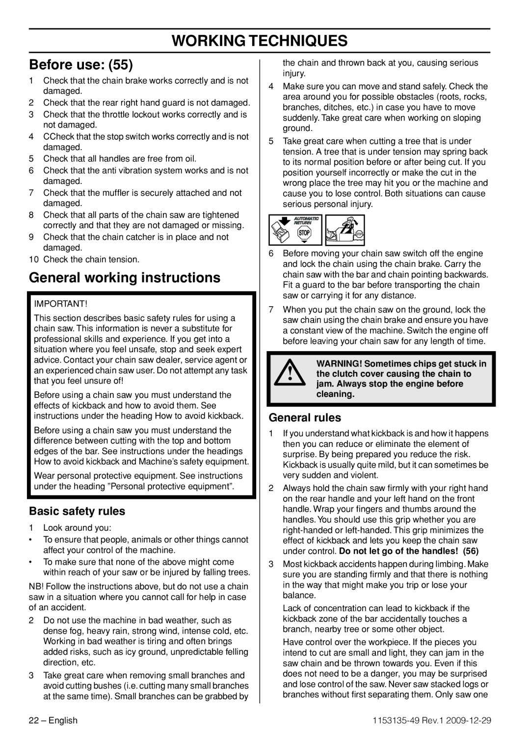 Husqvarna EPA III manuel dutilisation Working Techniques, Before use, General working instructions, Basic safety rules 