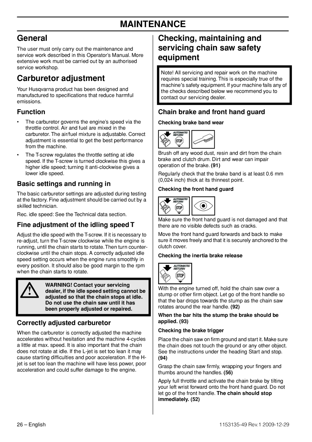 Husqvarna EPA III manuel dutilisation Maintenance, General, Carburetor adjustment 