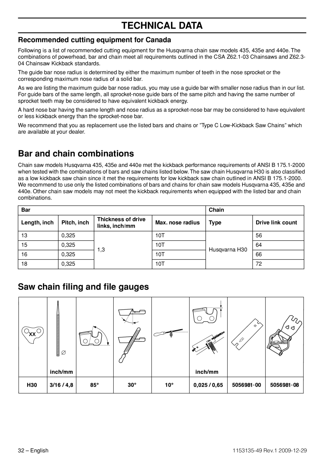 Husqvarna EPA III Bar and chain combinations, Saw chain ﬁling and ﬁle gauges, Recommended cutting equipment for Canada 