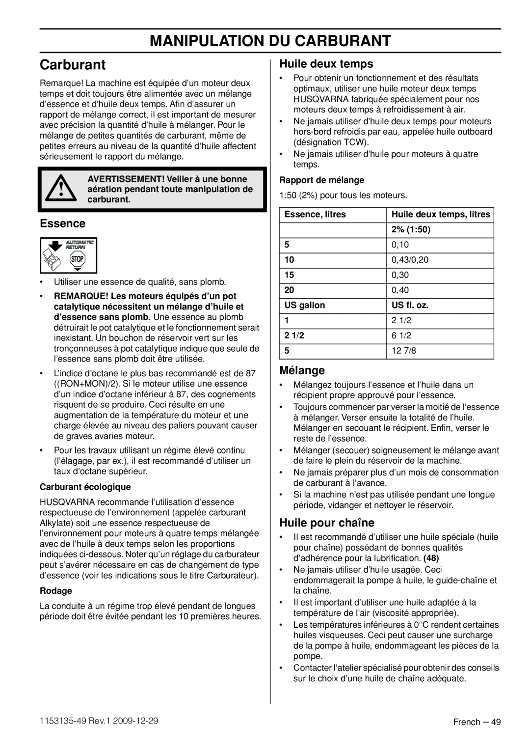 Husqvarna EPA III manuel dutilisation Manipulation DU Carburant 