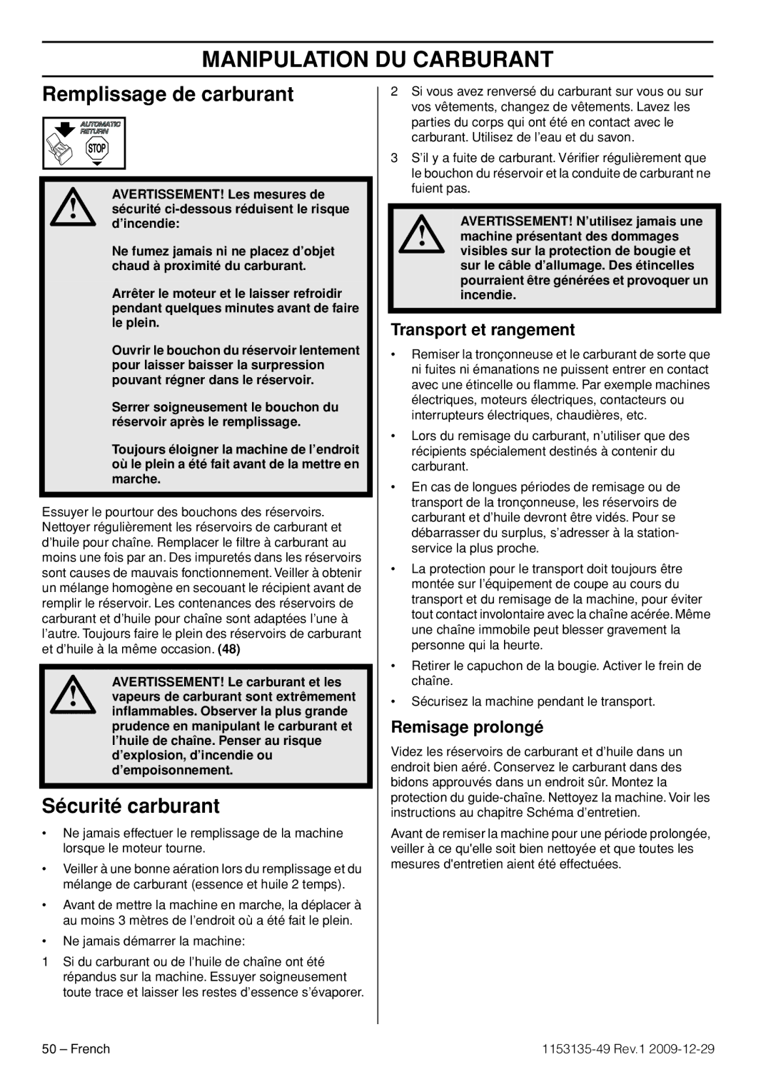 Husqvarna EPA III Remplissage de carburant, Sécurité carburant, Transport et rangement, Remisage prolongé 