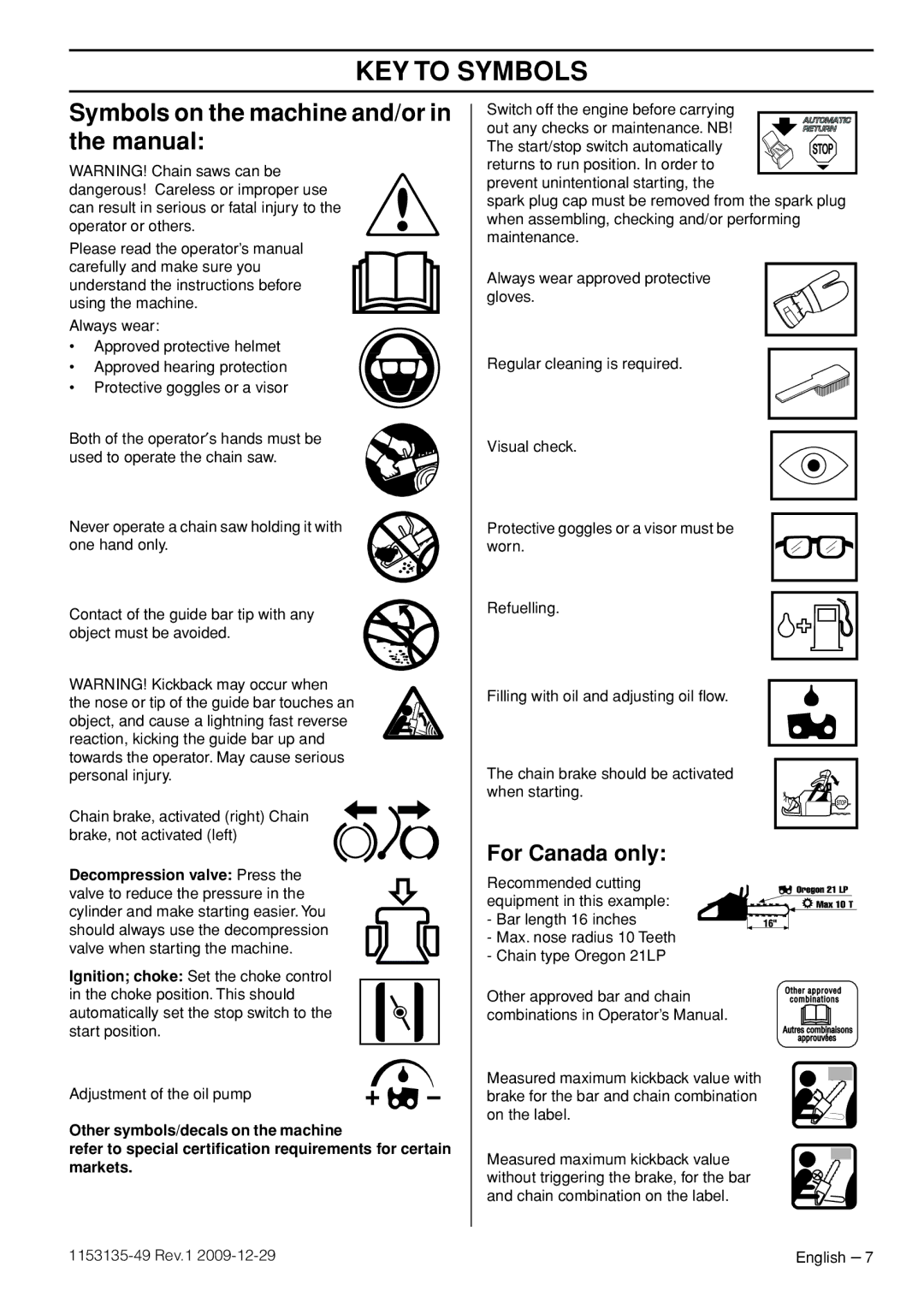 Husqvarna EPA III KEY to Symbols, Symbols on the machine and/or in the manual, Adjustment of the oil pump 