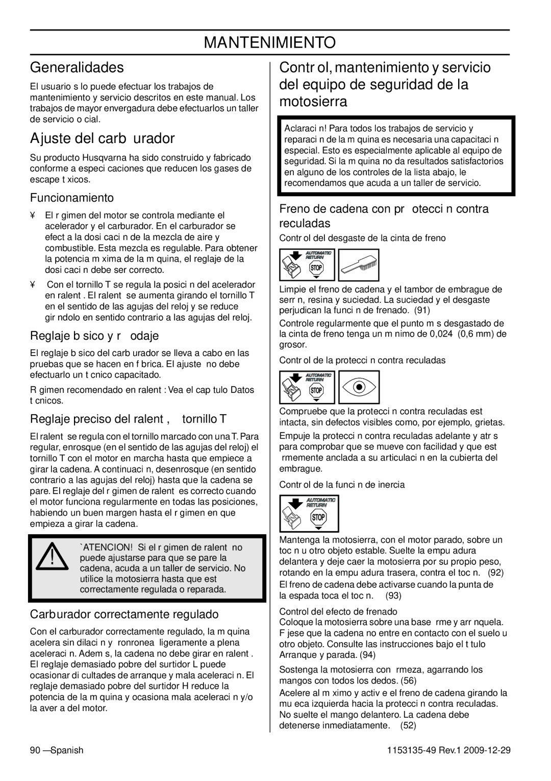 Husqvarna EPA III manuel dutilisation Mantenimiento, Generalidades, Ajuste del carburador 