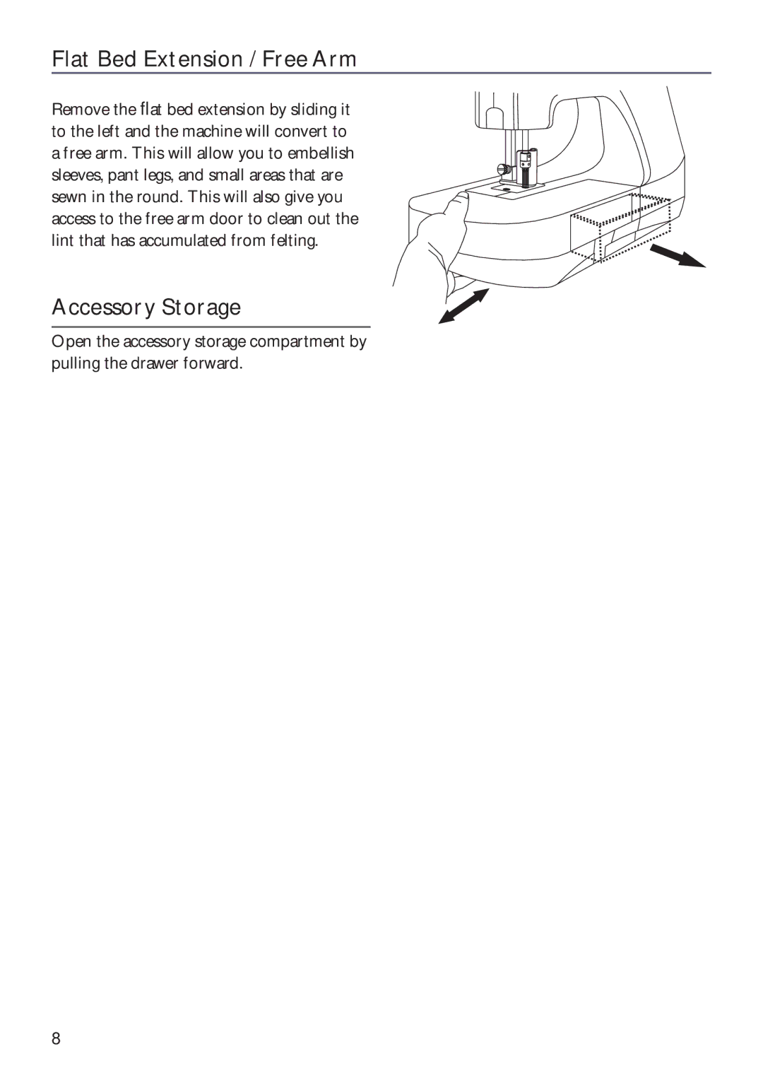 Husqvarna ER10 manual Flat Bed Extension / Free Arm, Accessory Storage 