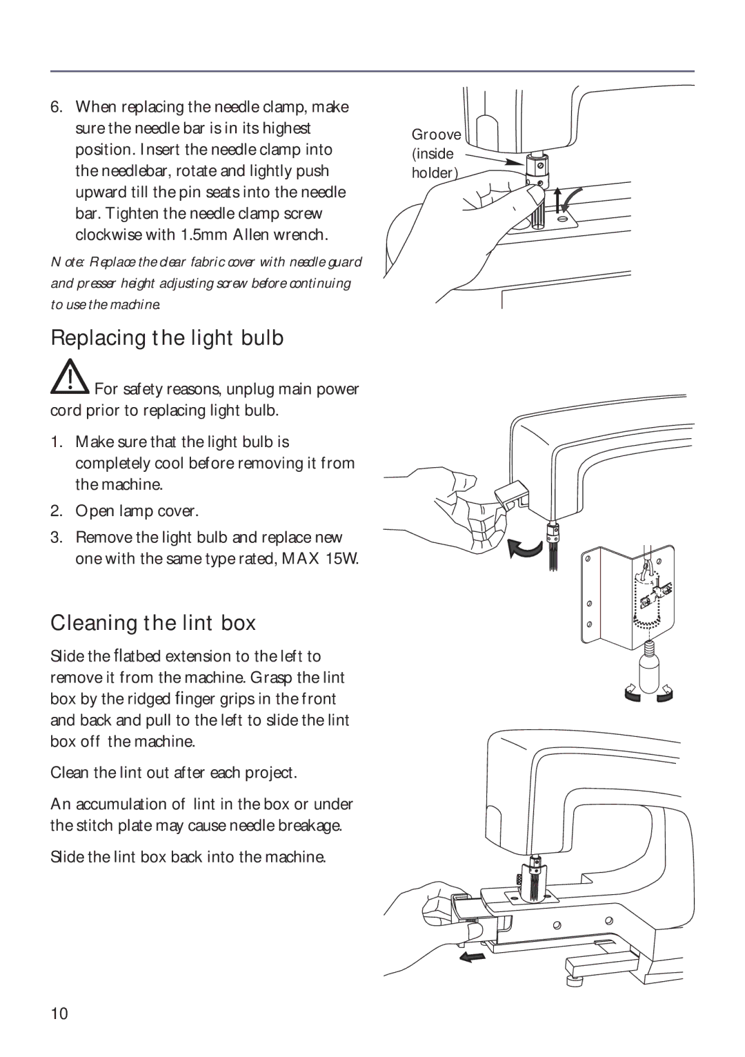 Husqvarna ER10 manual Replacing the light bulb, Cleaning the lint box 