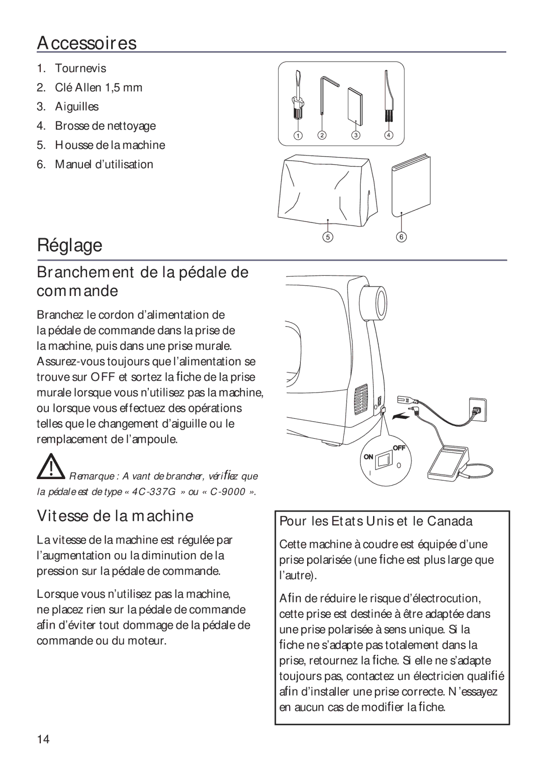 Husqvarna ER10 manual Accessoires, Réglage, Branchement de la pédale de commande, Vitesse de la machine 