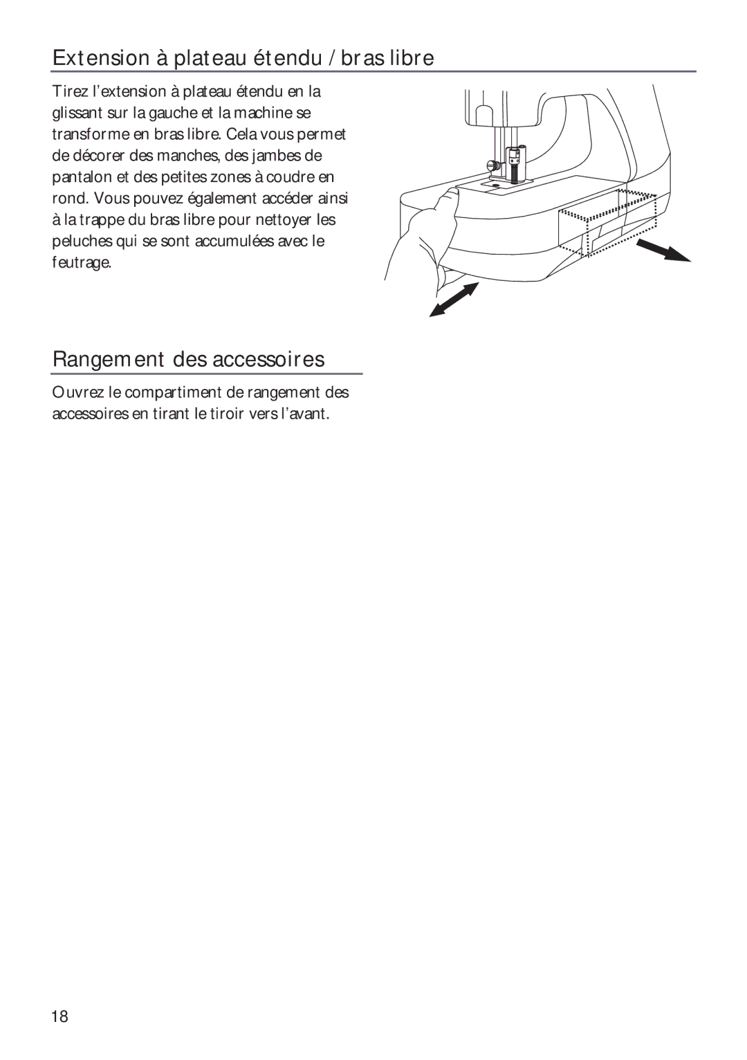 Husqvarna ER10 manual Extension à plateau étendu / bras libre, Rangement des accessoires 