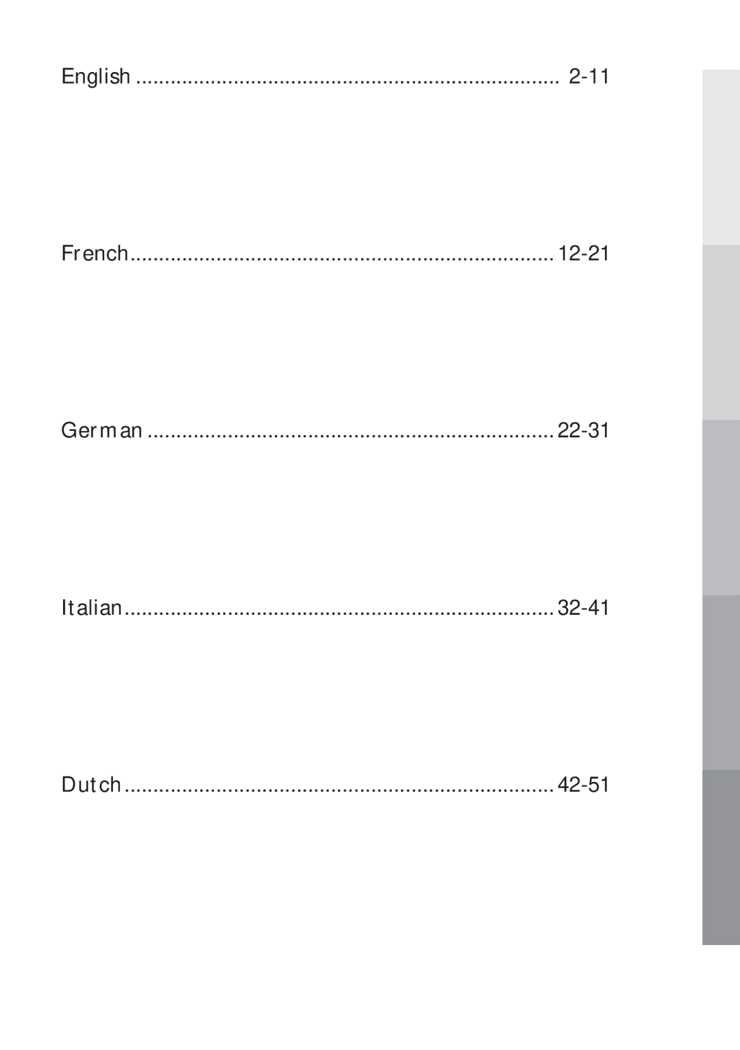 Husqvarna ER10 manual English French 12-21 German 22-31 Italian 32-41 Dutch 42-51 