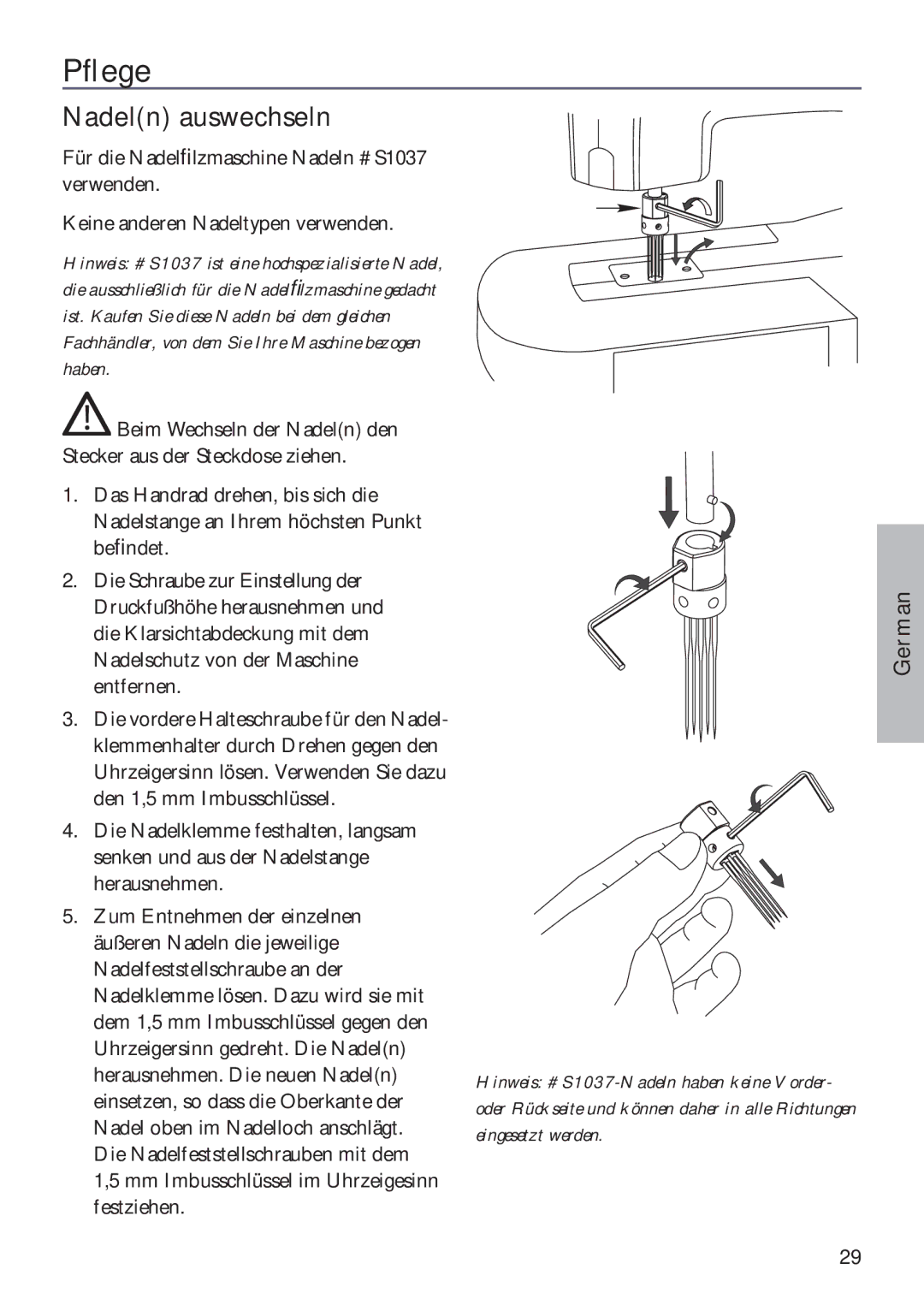 Husqvarna ER10 manual Pﬂege, Nadeln auswechseln 