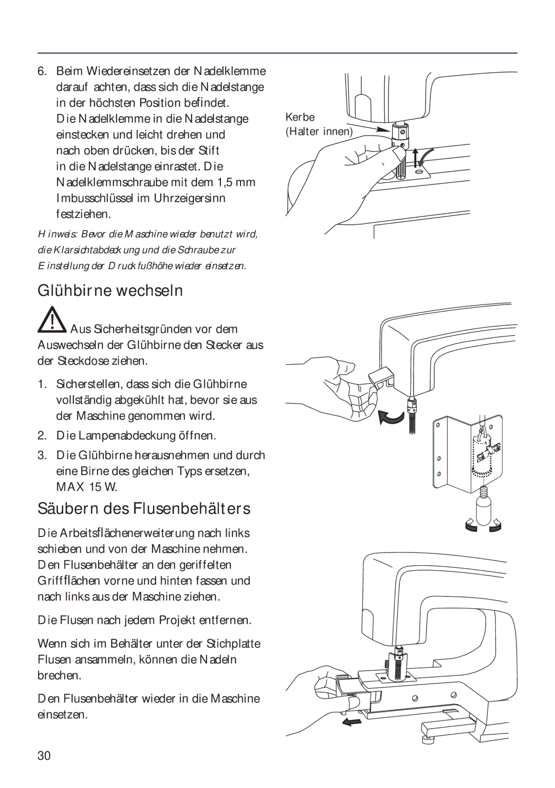 Husqvarna ER10 manual Glühbirne wechseln, Säubern des Flusenbehälters 