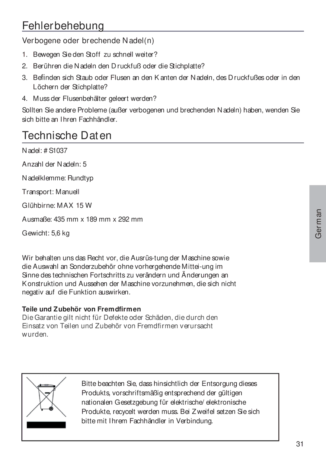 Husqvarna ER10 manual Fehlerbehebung, Technische Daten 