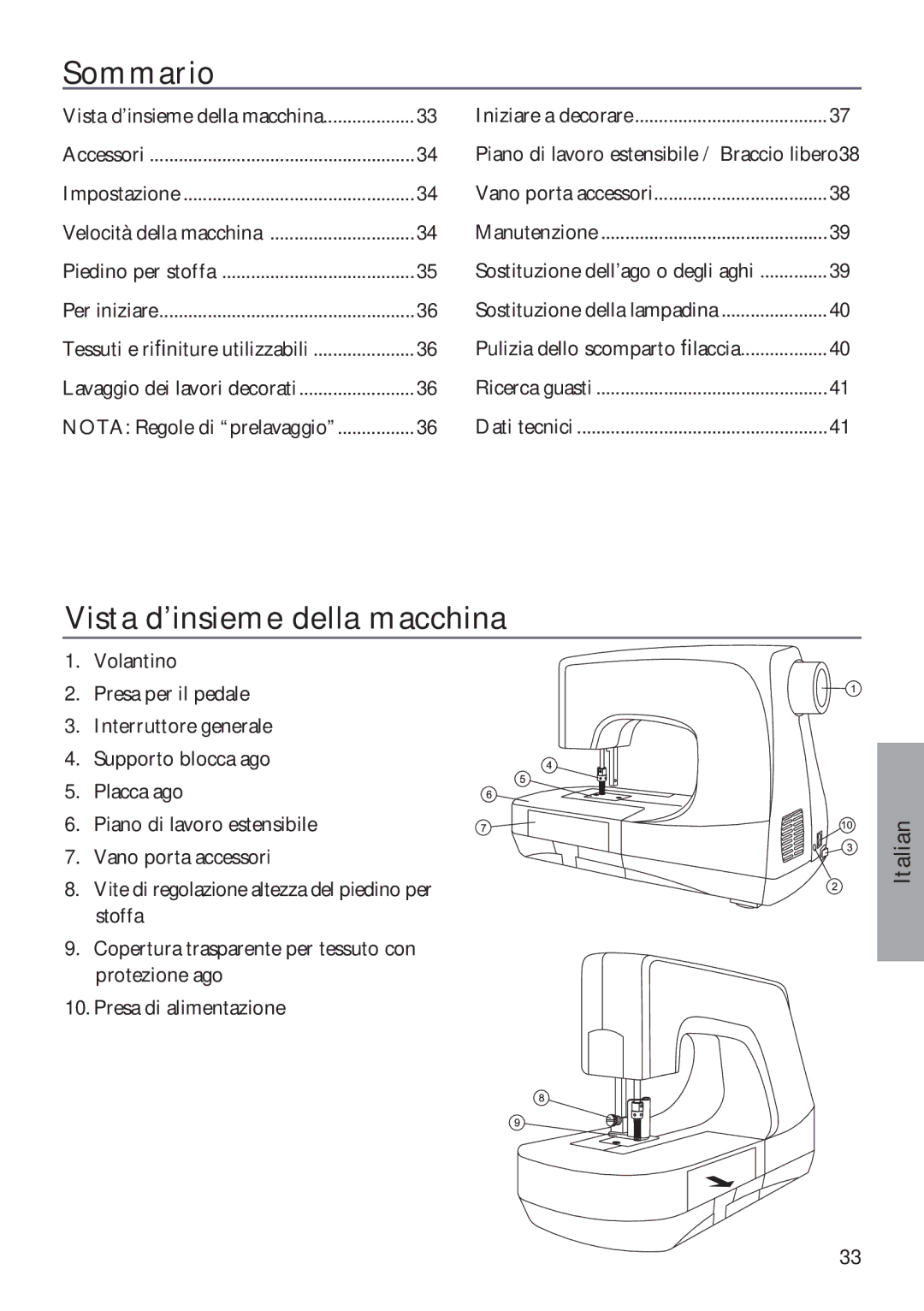 Husqvarna ER10 manual Sommario, Vista d’insieme della macchina 