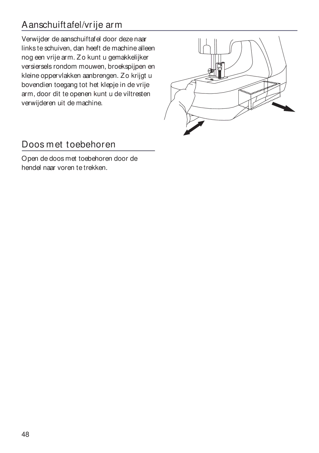 Husqvarna ER10 manual Aanschuiftafel/vrije arm, Doos met toebehoren 