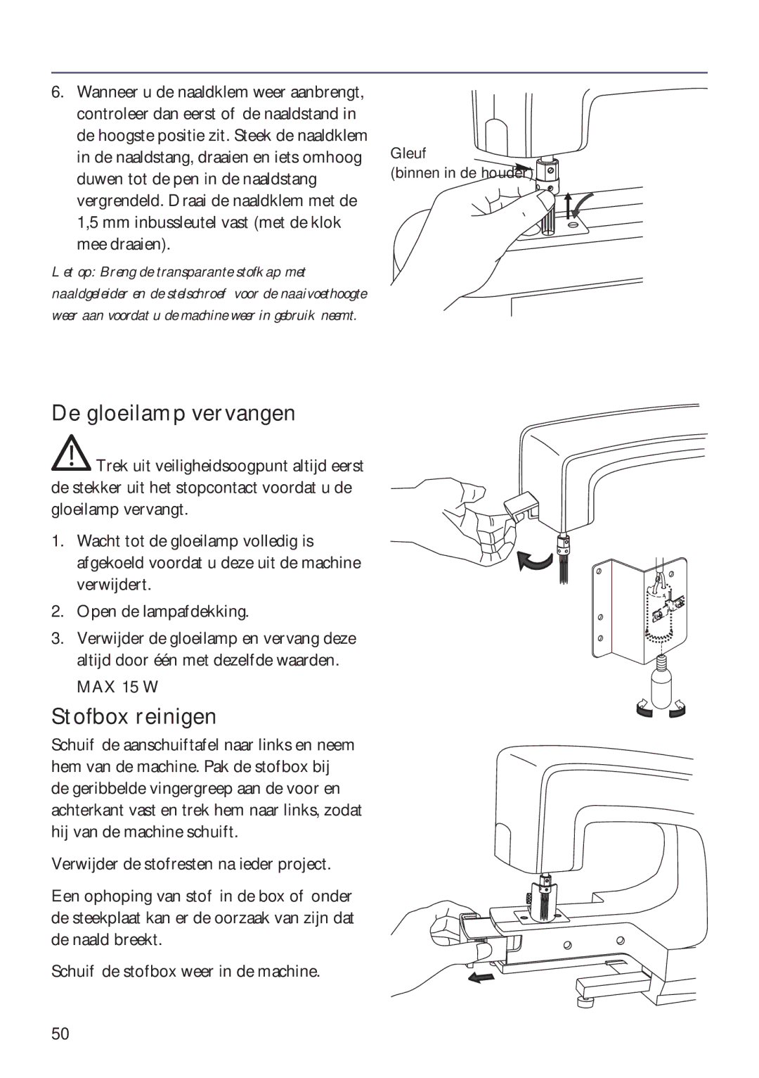 Husqvarna ER10 manual De gloeilamp vervangen, Stofbox reinigen 