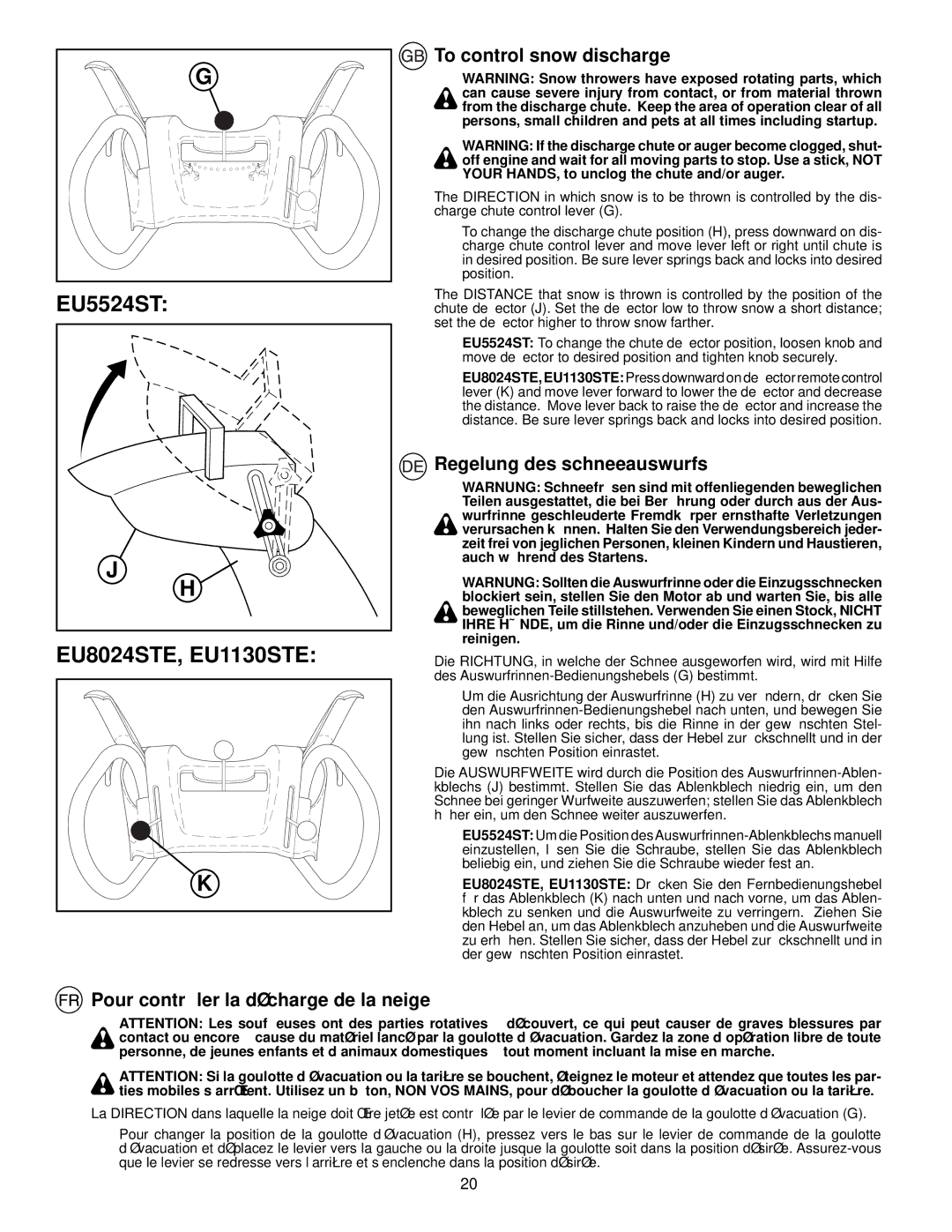 Husqvarna instruction manual EU5524ST EU8024STE, EU1130STE, To control snow discharge, Regelung des schneeauswurfs 