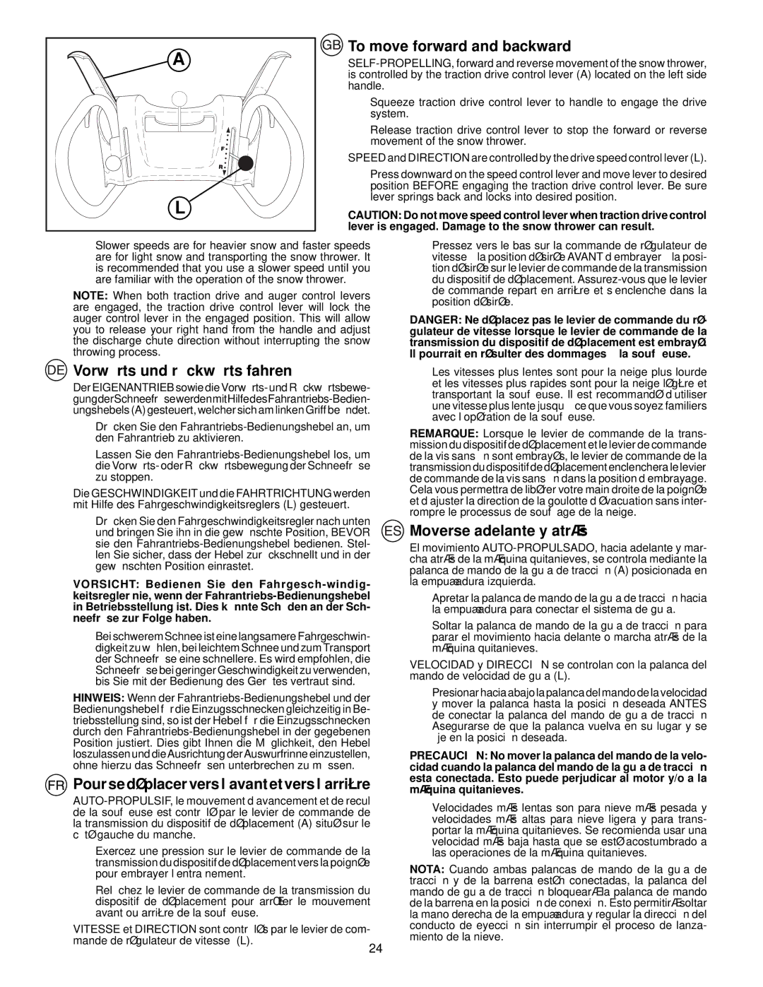 Husqvarna EU8024STE To move forward and backward, Vorwärts und rückwärts fahren, Moverse adelante y atrás, Handle, System 