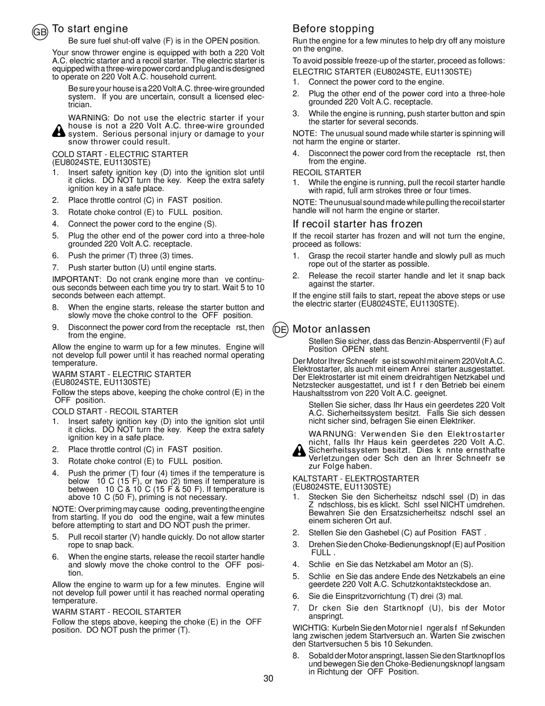 Husqvarna EU8024STE, EU5524ST, EU1130STE To start engine, Before stopping, If recoil starter has frozen, Motor anlassen 