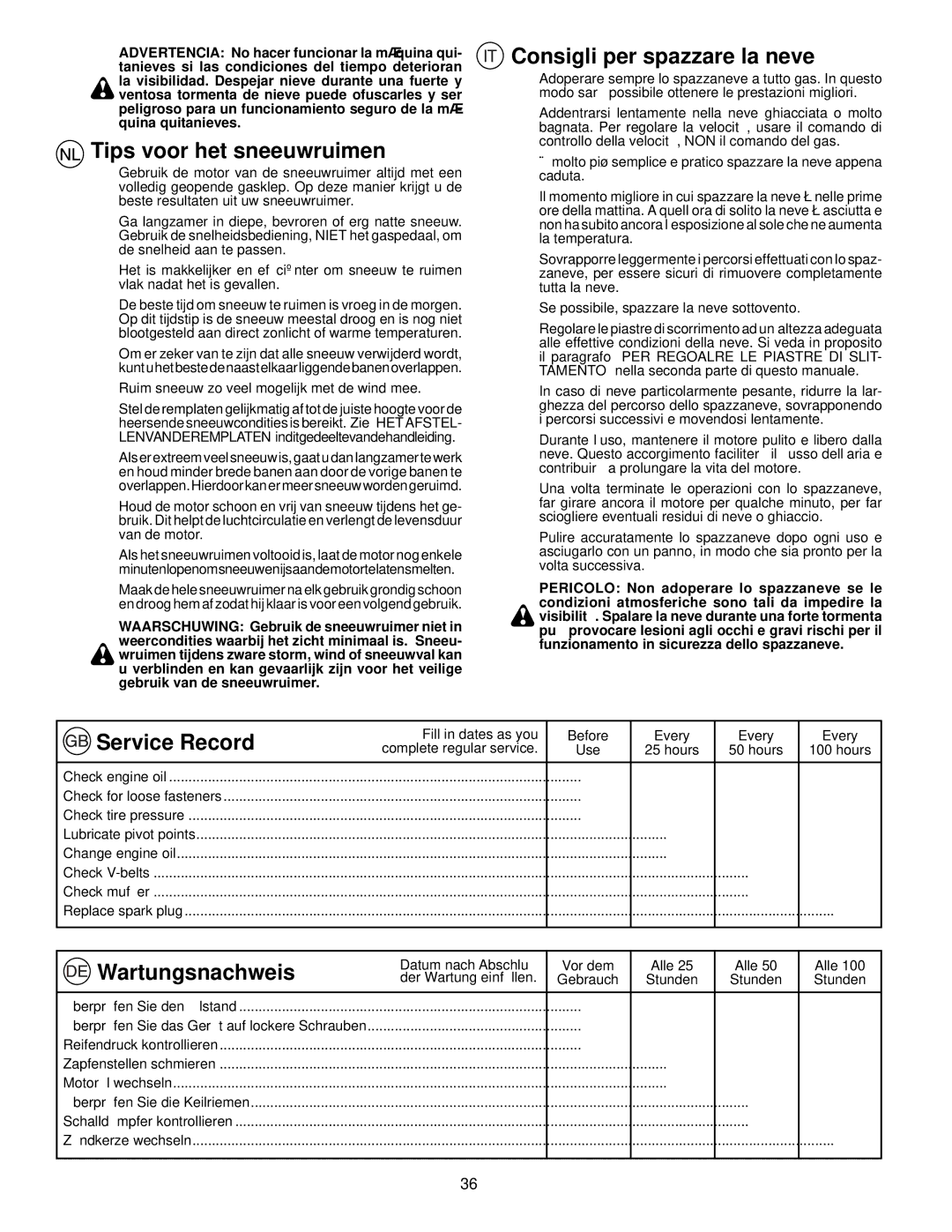 Husqvarna EU8024STE, EU5524ST Tips voor het sneeuwruimen, Consigli per spazzare la neve, Service Record, Wartungsnachweis 