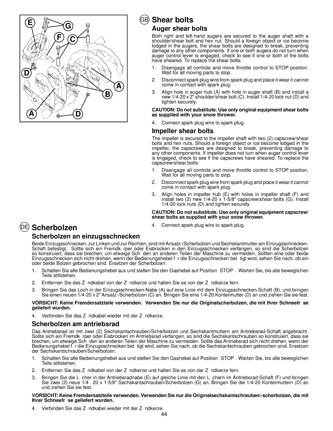 Husqvarna EU1130STE, EU8024STE, EU5524ST instruction manual Shear bolts, Scherbolzen 