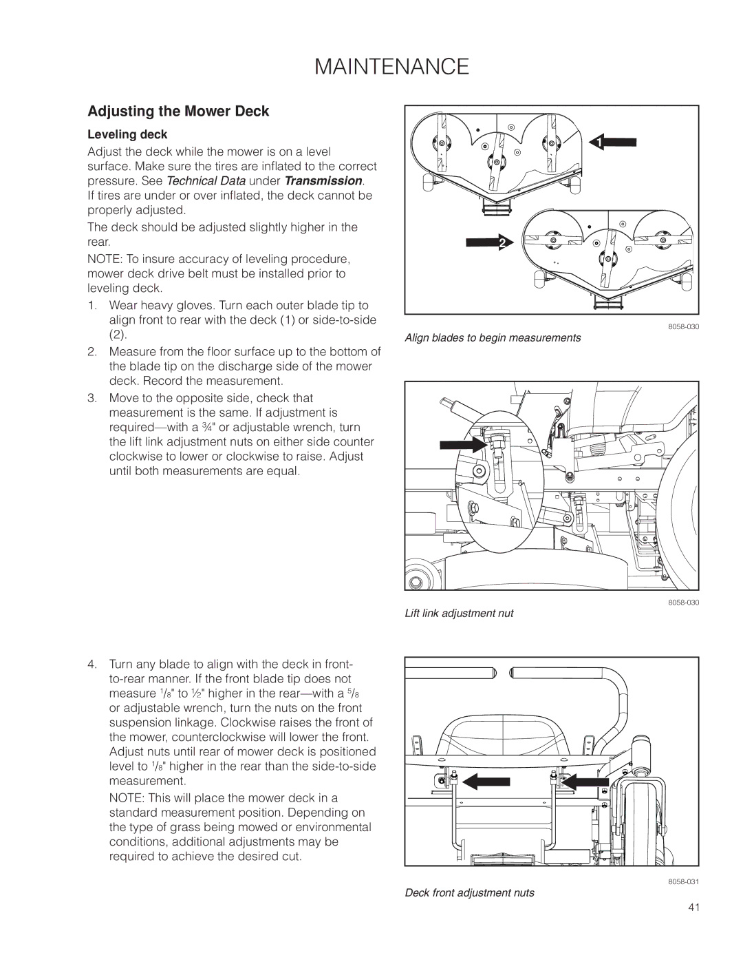 Husqvarna EZ4824 CA/ 966659501, EZ4824/ 966612901, EZ24T/ 966659601 warranty Adjusting the Mower Deck, Leveling deck 