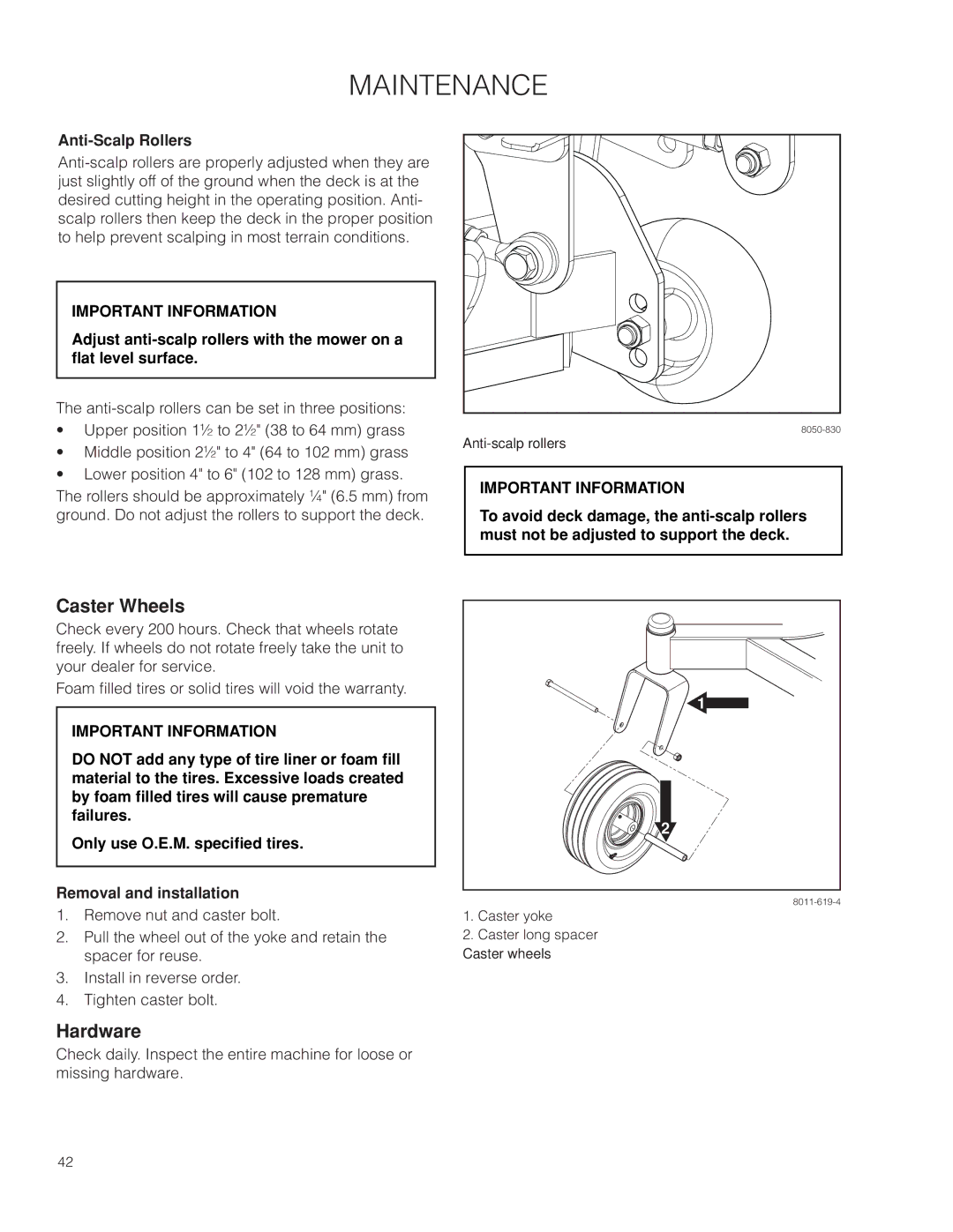 Husqvarna EZ4824/ 966612901, EZ24T/ 966659601, EZ4824 CA/ 966659501 warranty Caster Wheels, Hardware, Anti-Scalp Rollers 