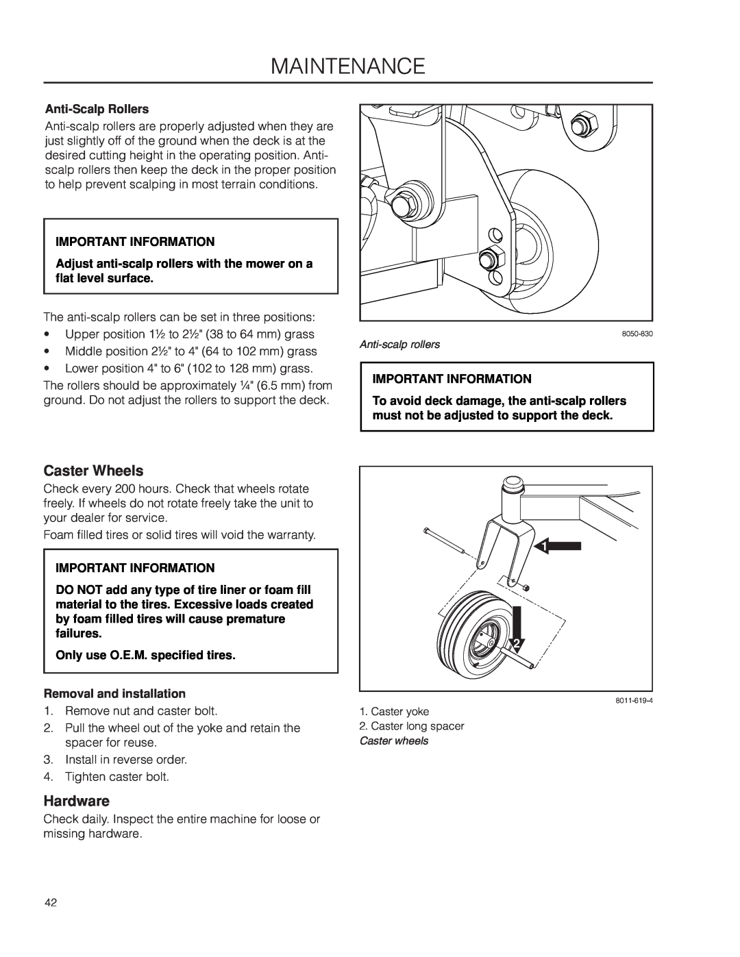 Husqvarna EZ4824/ 966612901 warranty Caster Wheels, Hardware, Anti-Scalp Rollers, Maintenance, Important Information 