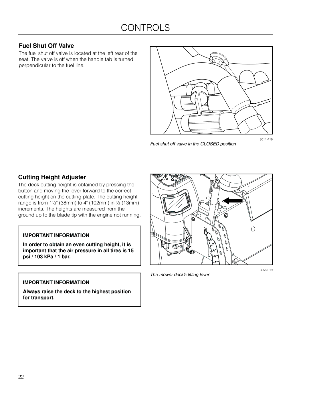 Husqvarna EZ4824 BF manual Fuel Shut Off Valve, Cutting Height Adjuster 