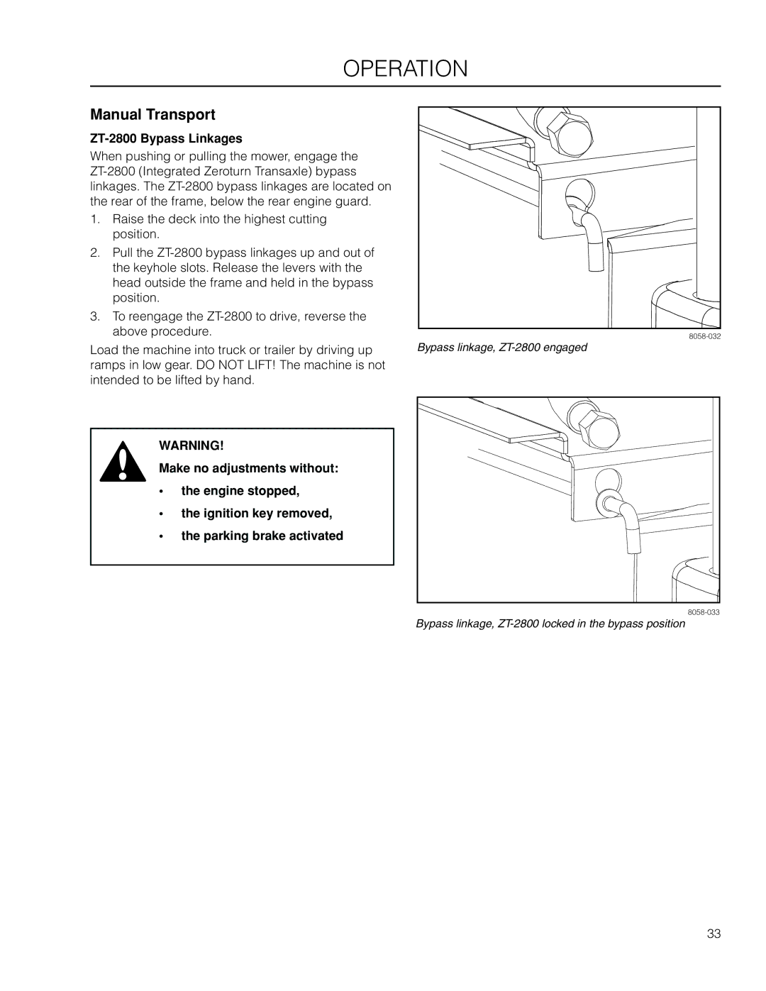 Husqvarna EZ4824 BF manual Manual Transport, ZT-2800 Bypass Linkages 