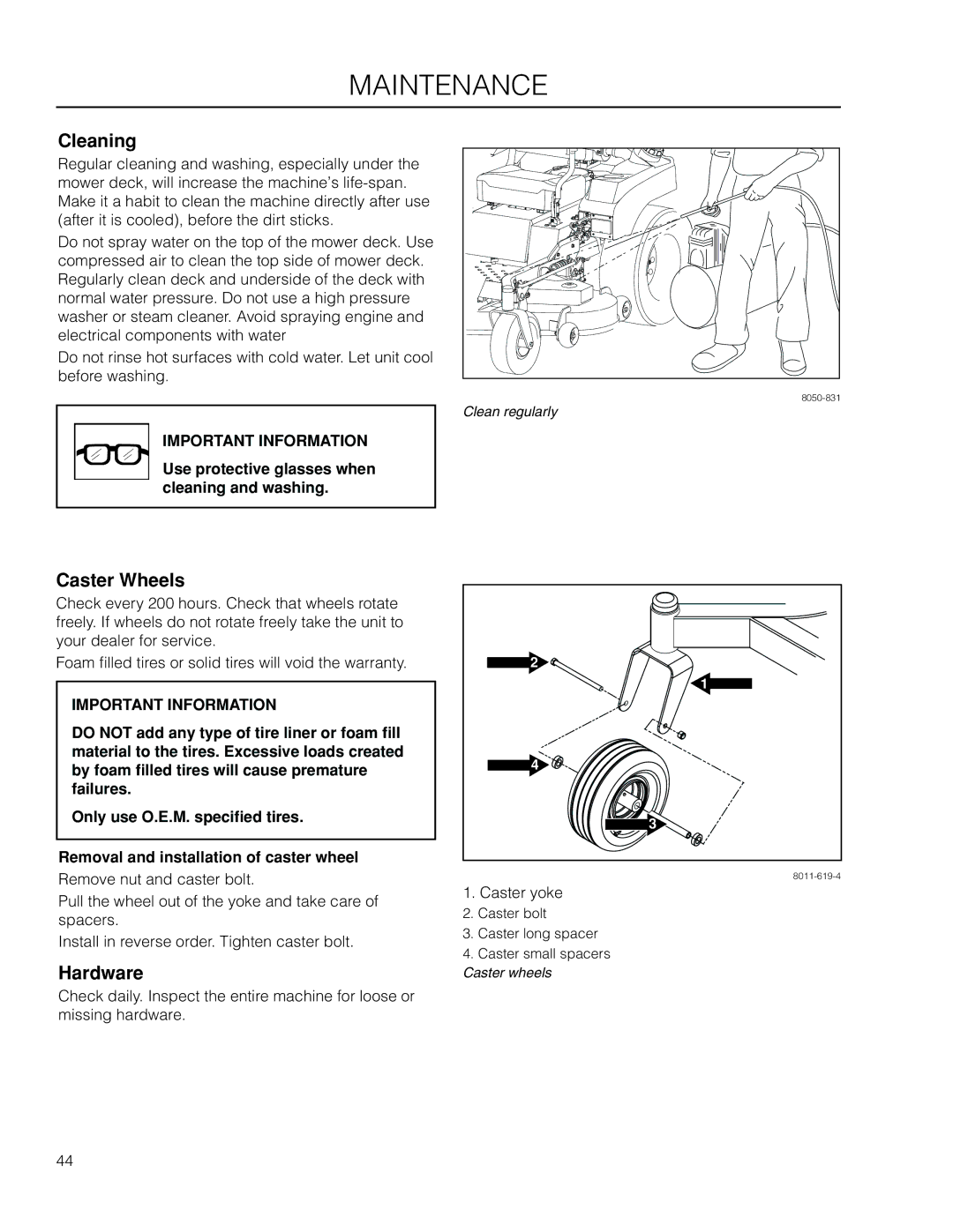 Husqvarna EZ4824 BF manual Cleaning, Caster Wheels, Hardware, Use protective glasses when cleaning and washing 