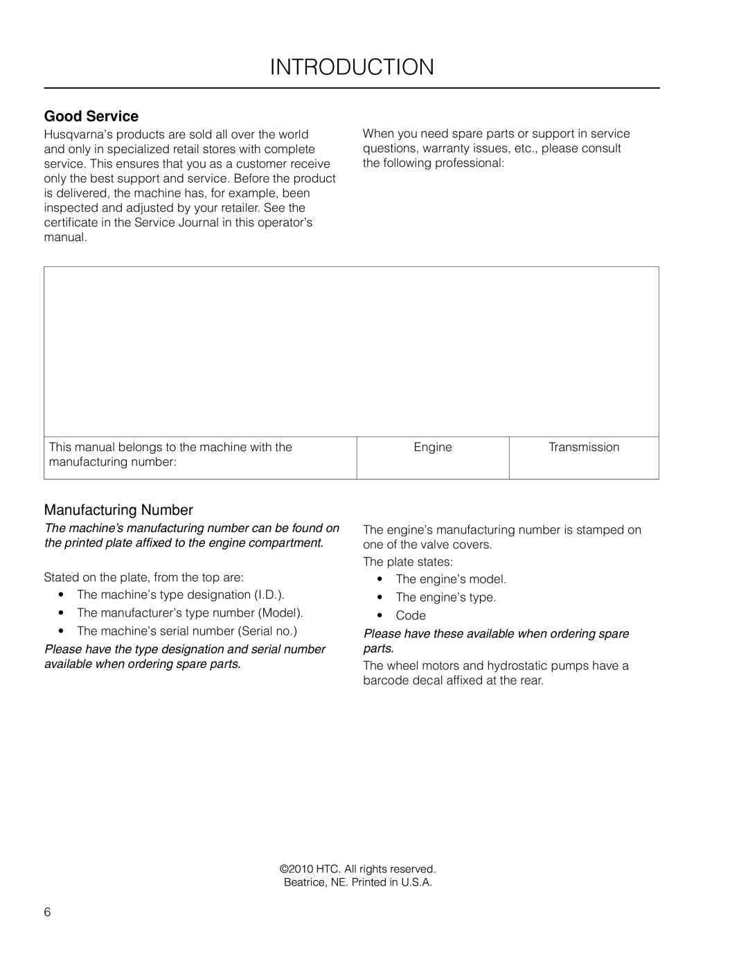 Husqvarna EZ4824 BF manual Good Service, Manufacturing Number 