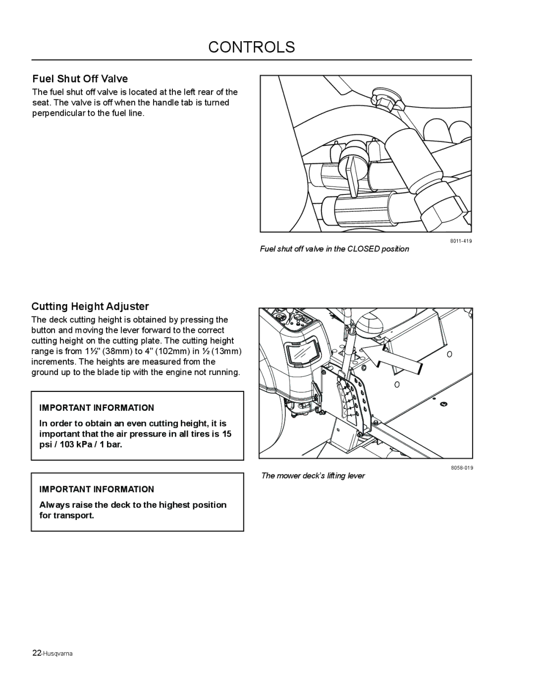 Husqvarna EZ5224 / 965880601, EZ6124 / 965880701, EZ5226 / 965921601 manual Fuel Shut Off Valve, Cutting Height Adjuster 