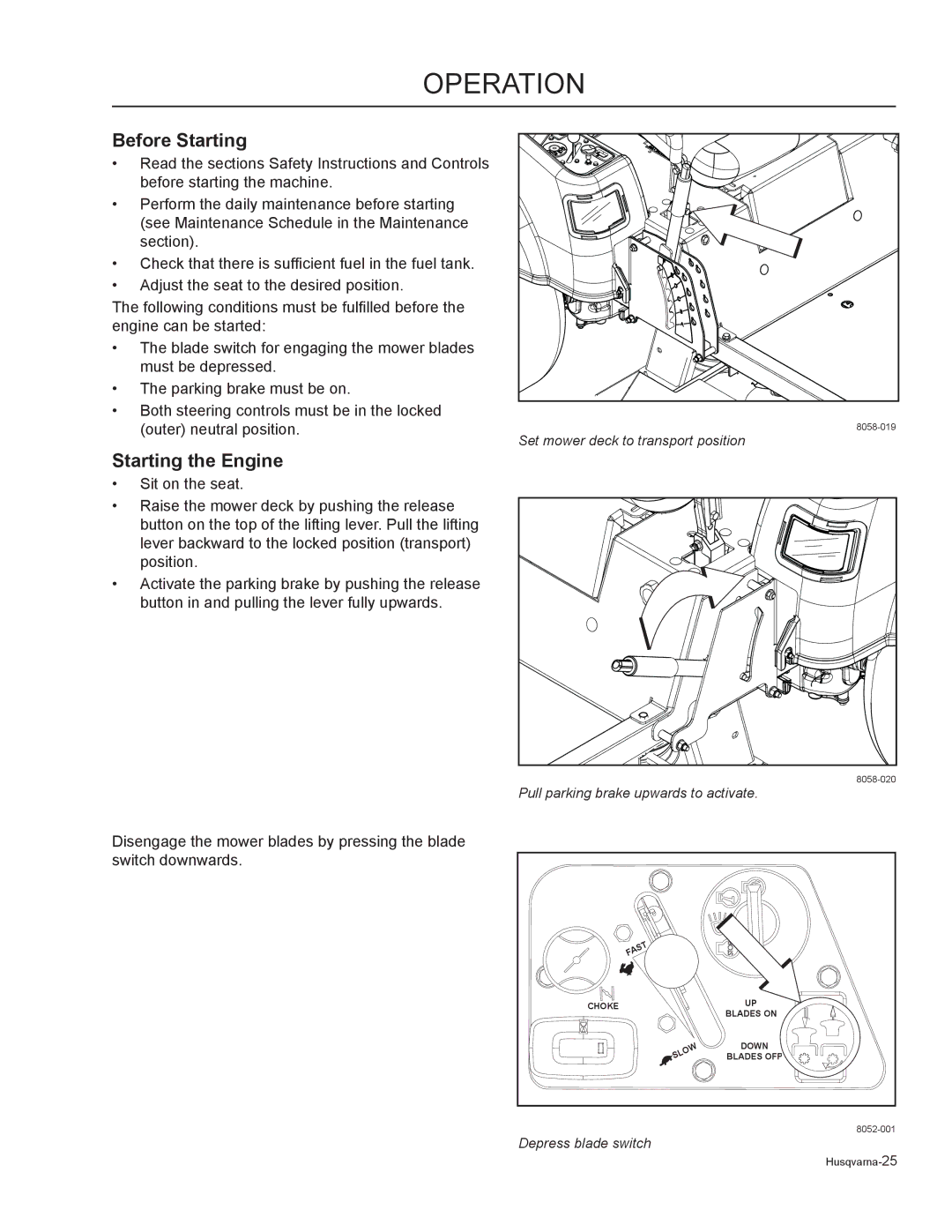 Husqvarna EZ4824 / 965880401, EZ6124 / 965880701, EZ5224 / 965880601 manual Before Starting, Starting the Engine 