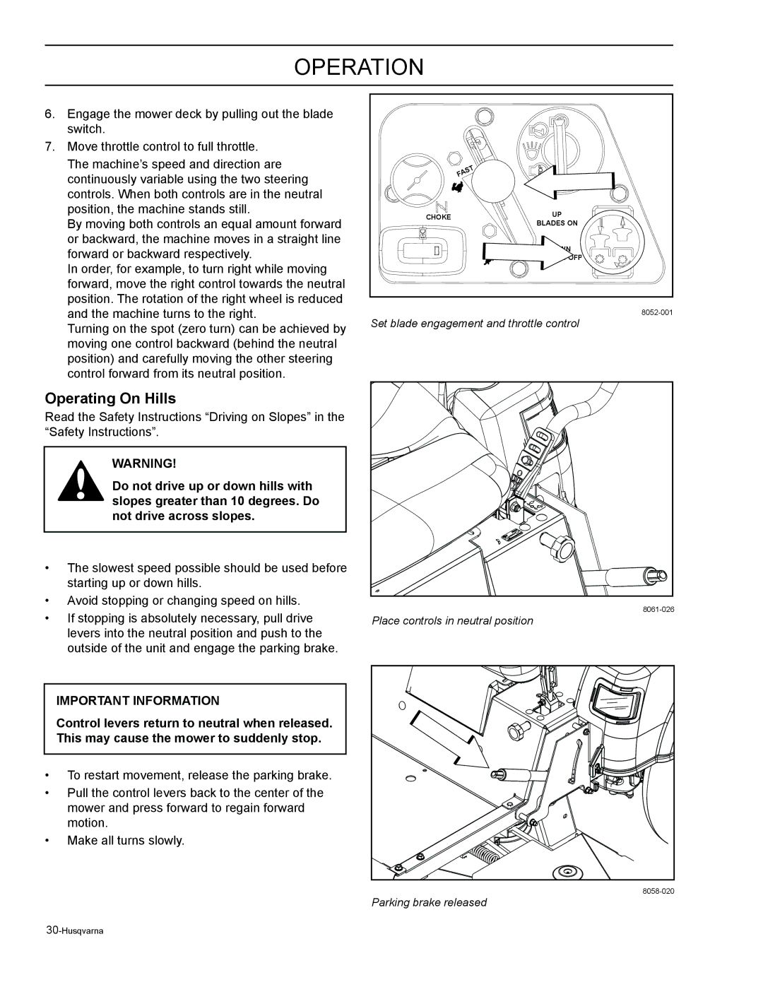 Husqvarna EZ5226 / 965921601, EZ6124 / 965880701, EZ5224 / 965880601, EZ5221 / 965880501 manual Operating On Hills 