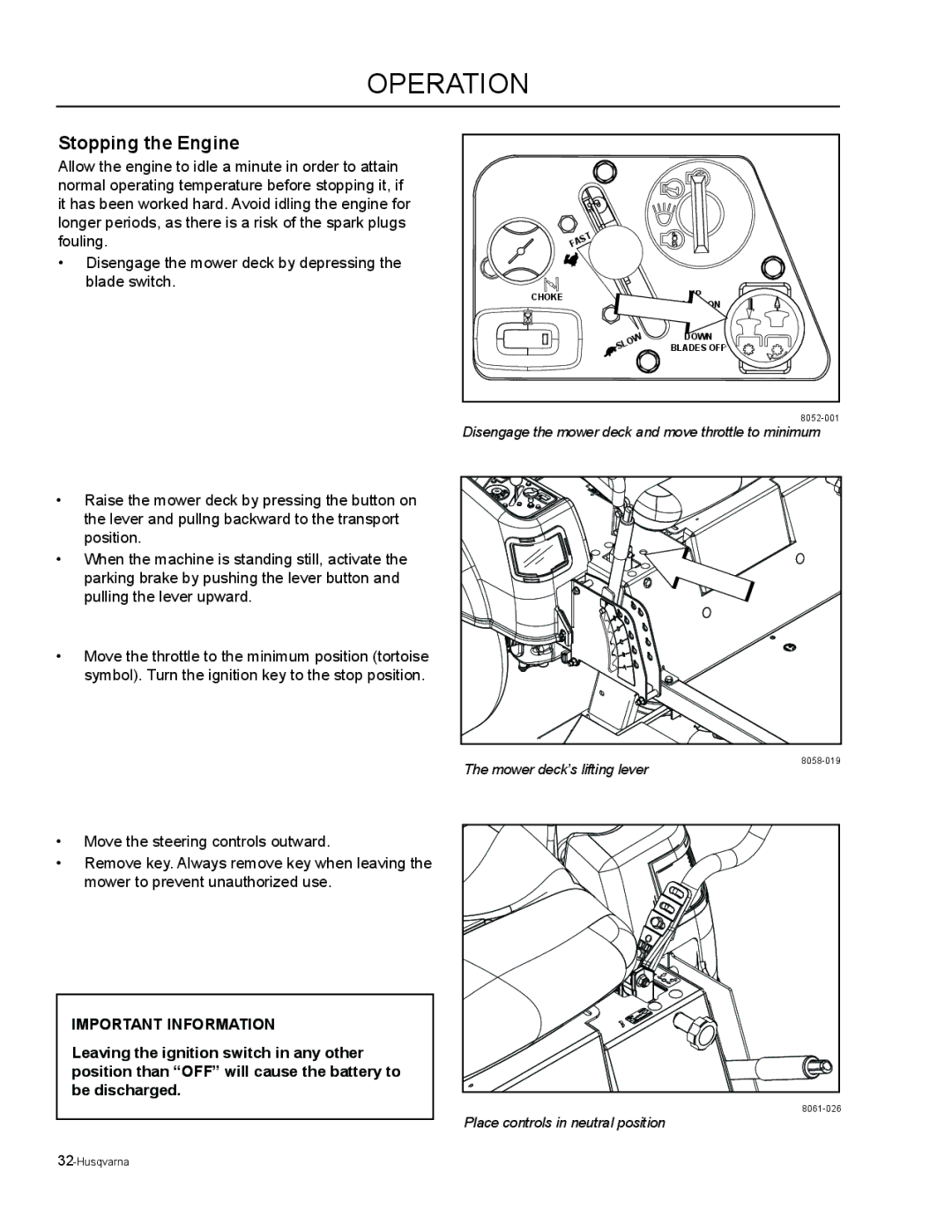 Husqvarna EZ4824 / 965880401, EZ6124 / 965880701, EZ5224 / 965880601, EZ5226 / 965921601 manual Stopping the Engine 