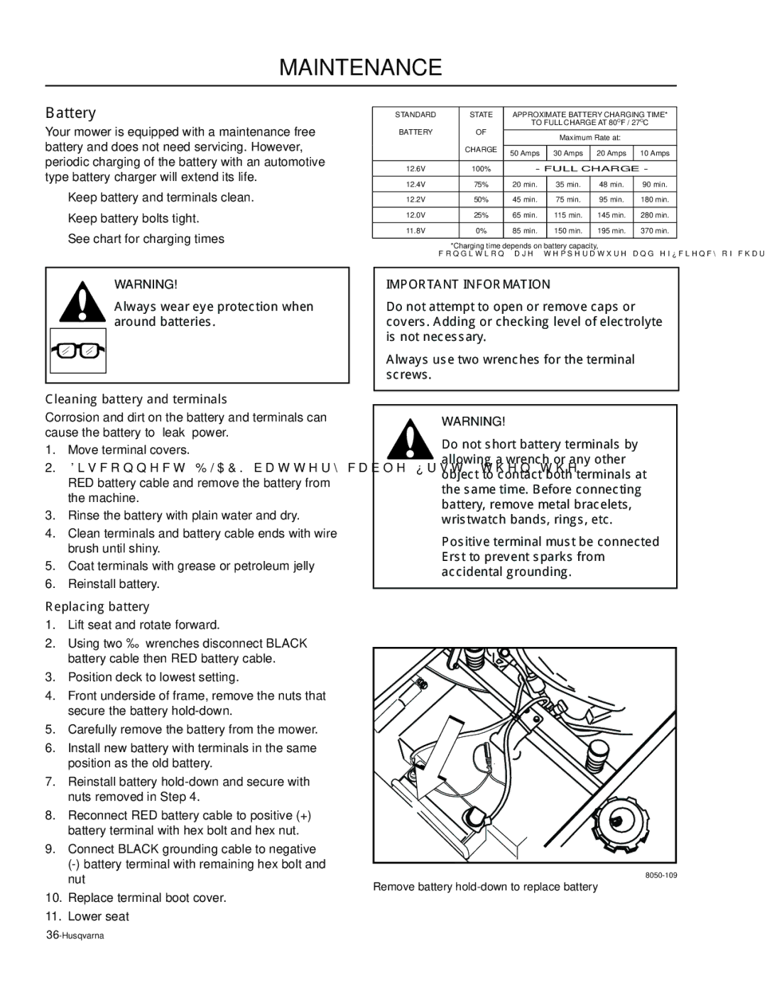 Husqvarna EZ5224 / 965880601, EZ6124 / 965880701, EZ5226 / 965921601, EZ5221 / 965880501 manual Battery, Replacing battery 