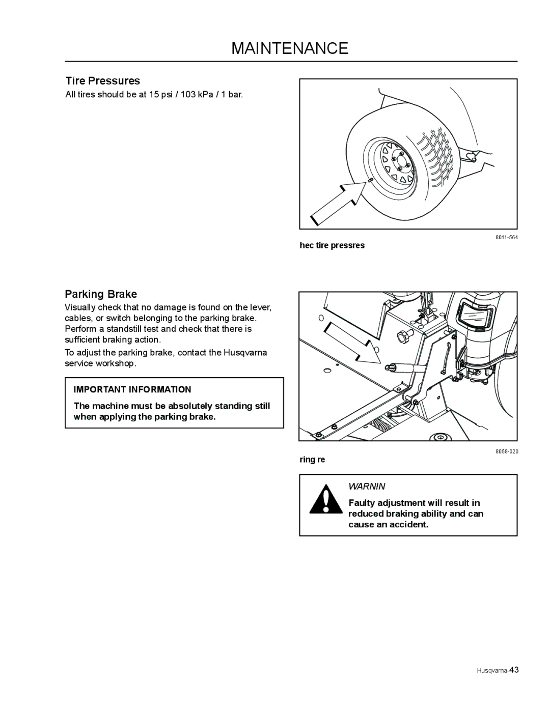 Husqvarna EZ5224 / 965880601, EZ6124 / 965880701, EZ5226 / 965921601, EZ5221 / 965880501 manual Tire Pressures, Parking Brake 