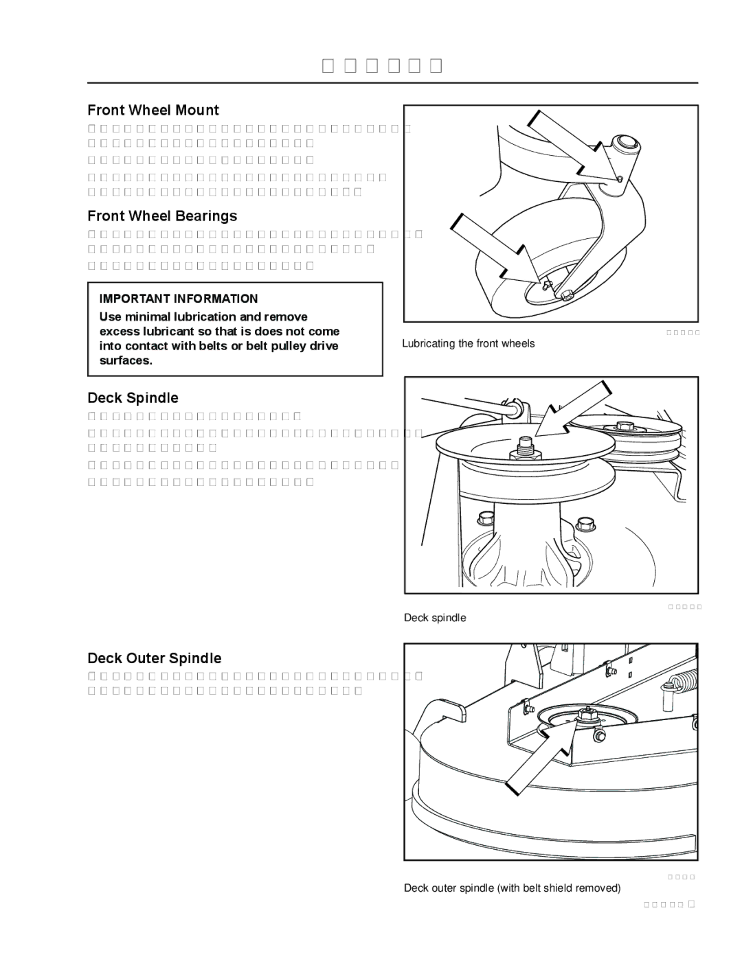 Husqvarna EZ5226 / 965921601 manual Lubrication, Front Wheel Mount, Front Wheel Bearings, Deck Spindle, Deck Outer Spindle 