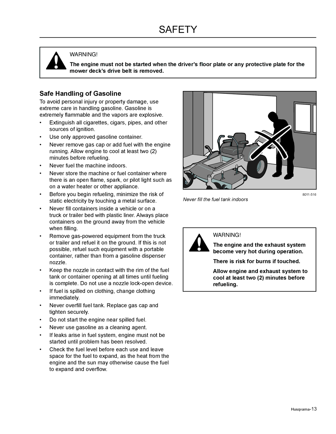 Husqvarna EZC4824 / 966038501, EZ6124 / 966038401, EZ4824 / 965880401 manual Safe Handling of Gasoline 