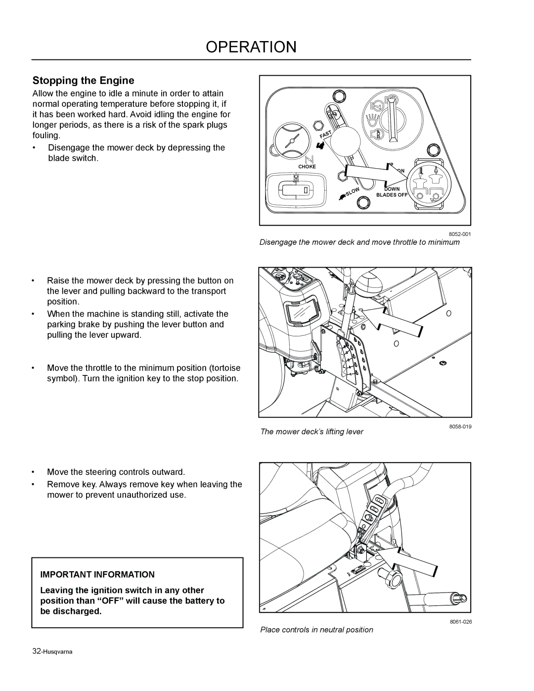 Husqvarna EZ4824 / 965880401, EZ6124 / 966038401, EZC4824 / 966038501 manual Stopping the Engine 