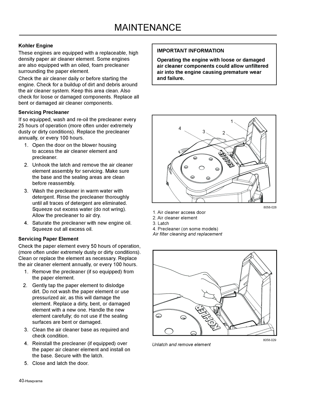 Husqvarna EZC4824 / 966038501, EZ6124 / 966038401 manual Kohler Engine, Servicing Precleaner, Servicing Paper Element 