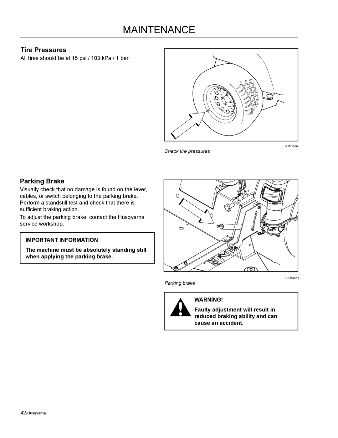 Husqvarna EZ6124 / 966038401, EZC4824 / 966038501, EZ4824 / 965880401 manual Maintenance, Tire Pressures 